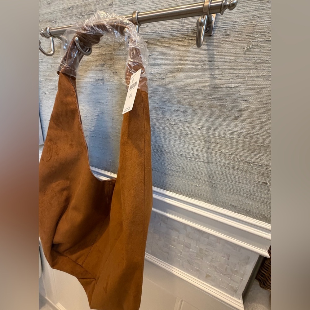 NWT new Anthropologie large faux suede slouchy bag purse tan Hobo Bag - Picture 8 of 17